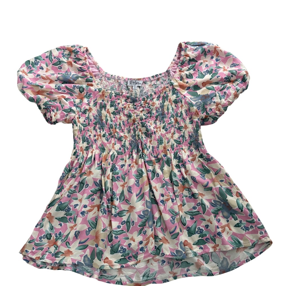 Polagram Floral Smocked Puff Sleeve Women's Top Pink Green Medium Summer - Picture 1 of 10